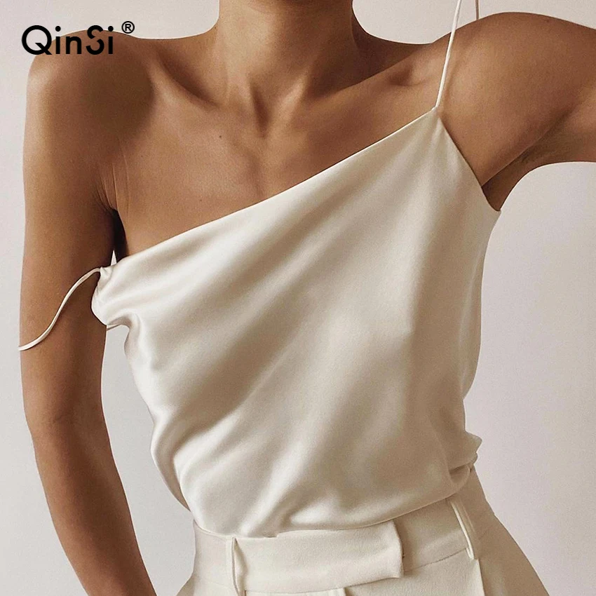 

QINSI Satin Women Thin Wild Solid Camis Vest Women Tank Tops Female 2022 Summer Sexy Strap Basic Tops Slim Sleeveless Camisole