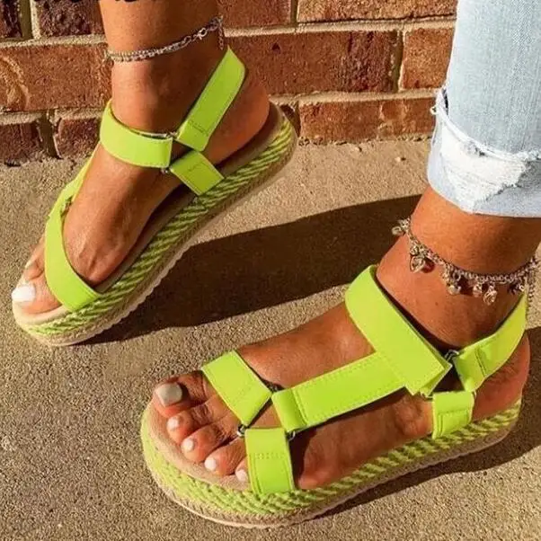 

LX-305 Summer Women Platform Open Toe Sandals Thick Bottom Flat Plus Size Ladies Casual Rainbow Color straw Shoes Sandalias, Picture show