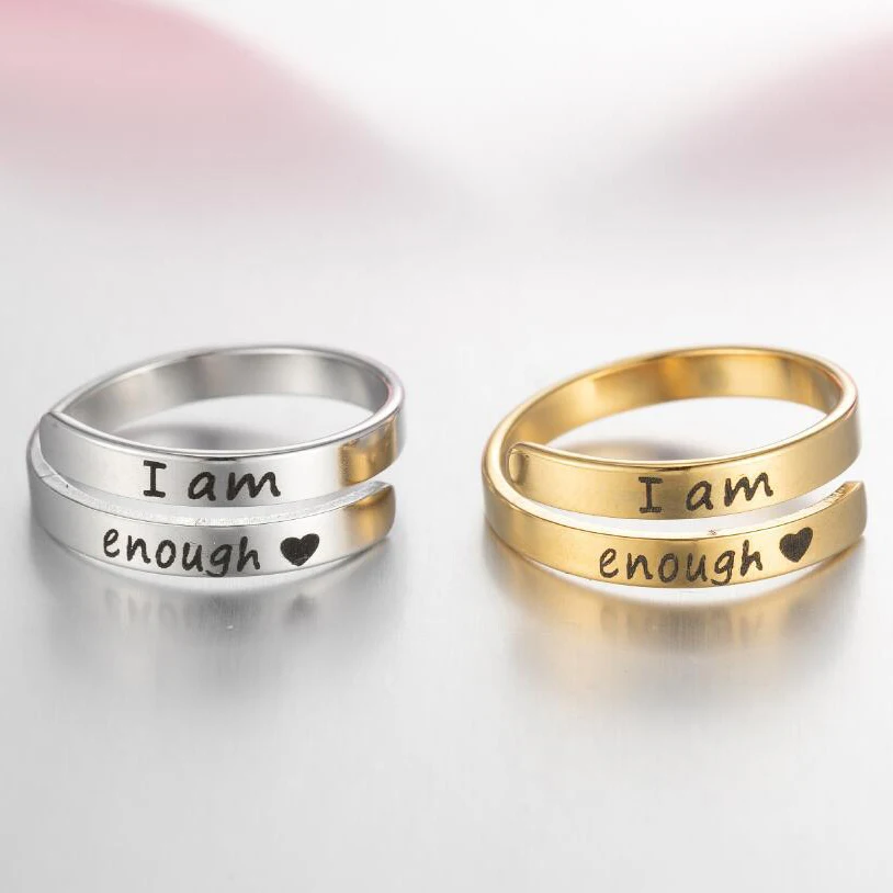

Custom Non Tarnish Silver 18k Gold Plated Stainless Steel Classic Engraved HOPE FAITH LOVE I AM ENOUGH Rings Jewelry For Women