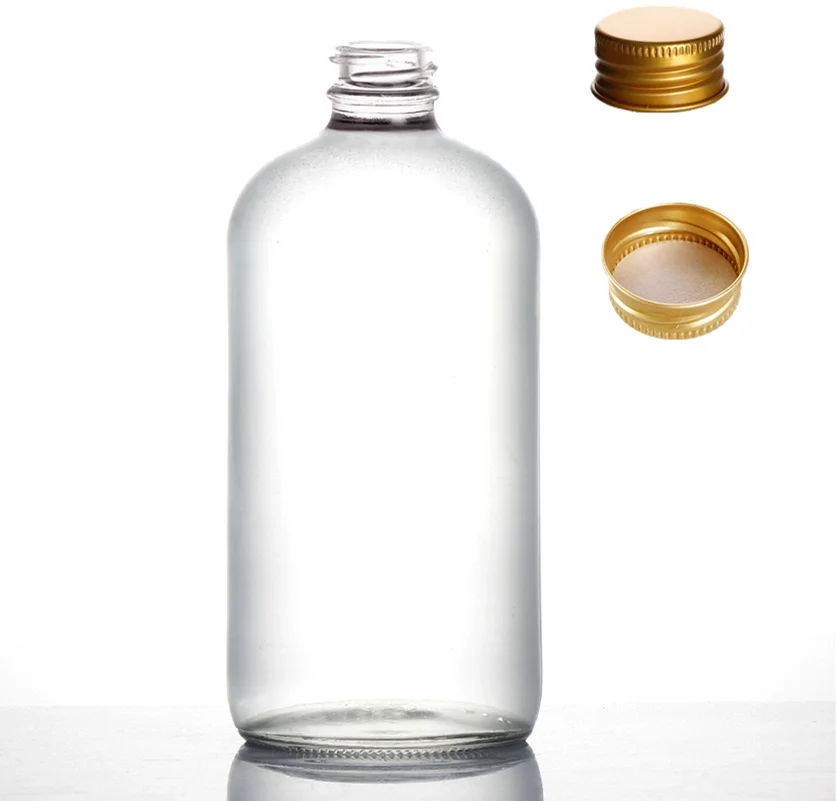 

Wholesale 12 oz 16 oz Empty Transparent Boston Round Bottle with Golden Silver Lid Cap