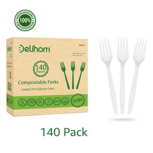 Image of 100% Compostable Forks - 140 Large Biodegradable Ecofriendly Utensils. Sturdy 7" inch