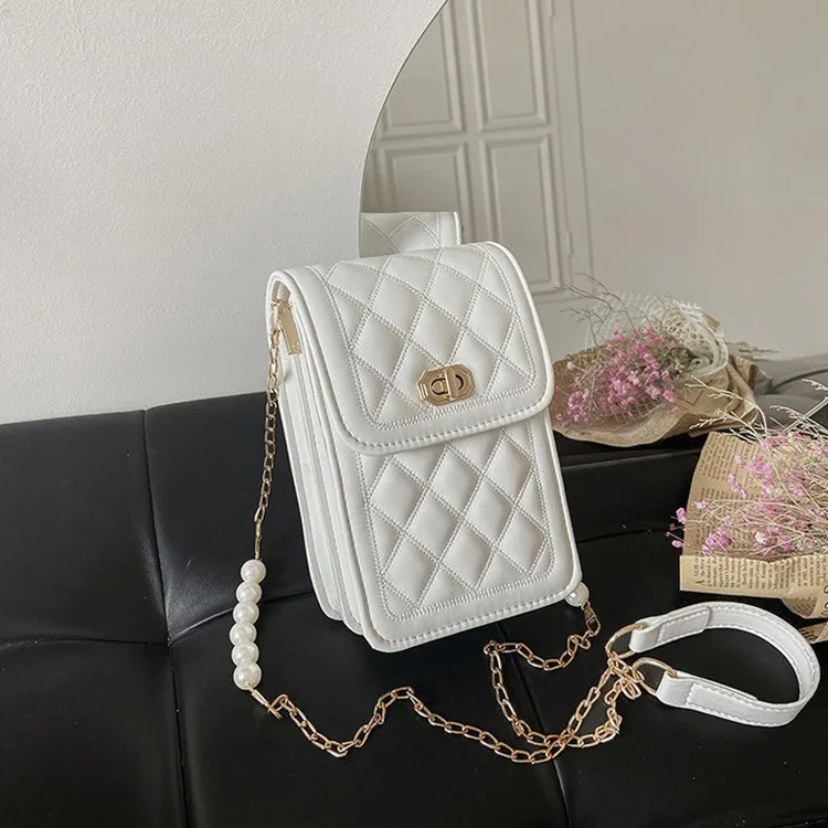 

Pearl Chain Crossbody Phone Bag Small Messenger Bag Rhomboid Shape Sling Bags For Women