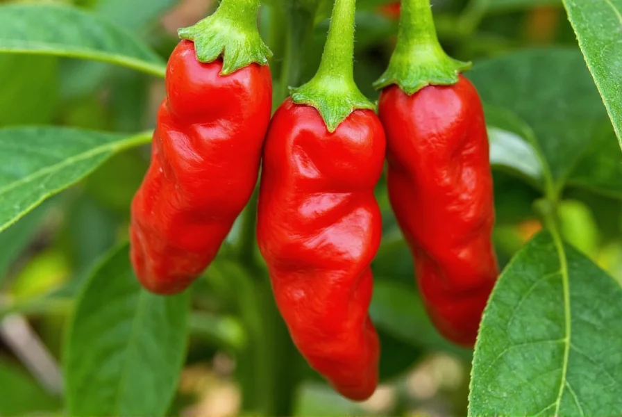 Close-up photograph of Pepper X chili peppers showing their distinctive wrinkled texture and vibrant red color against green foliage