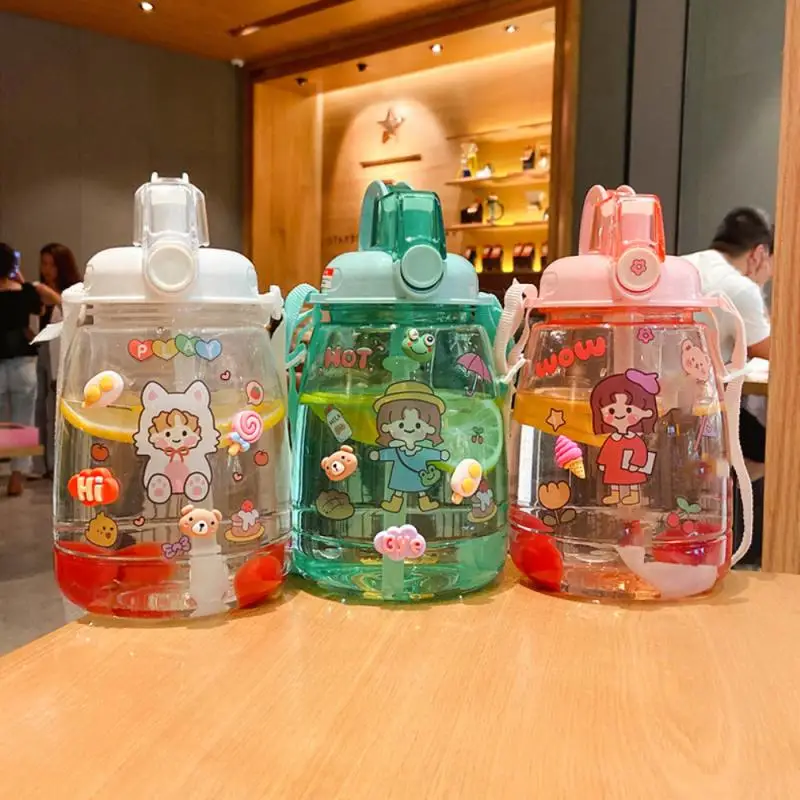 

Portable Large Capacity Cute Cartoon Children Plastic Summer Fitness Sports Straw Water Bottle