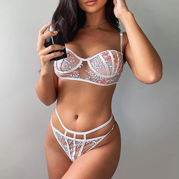 

2021 Floral Embroidery Lace Mesh Lingerie Set 2 Two Piece Sexy Underwear Bra And Panty Set Lingerie, 5 colors