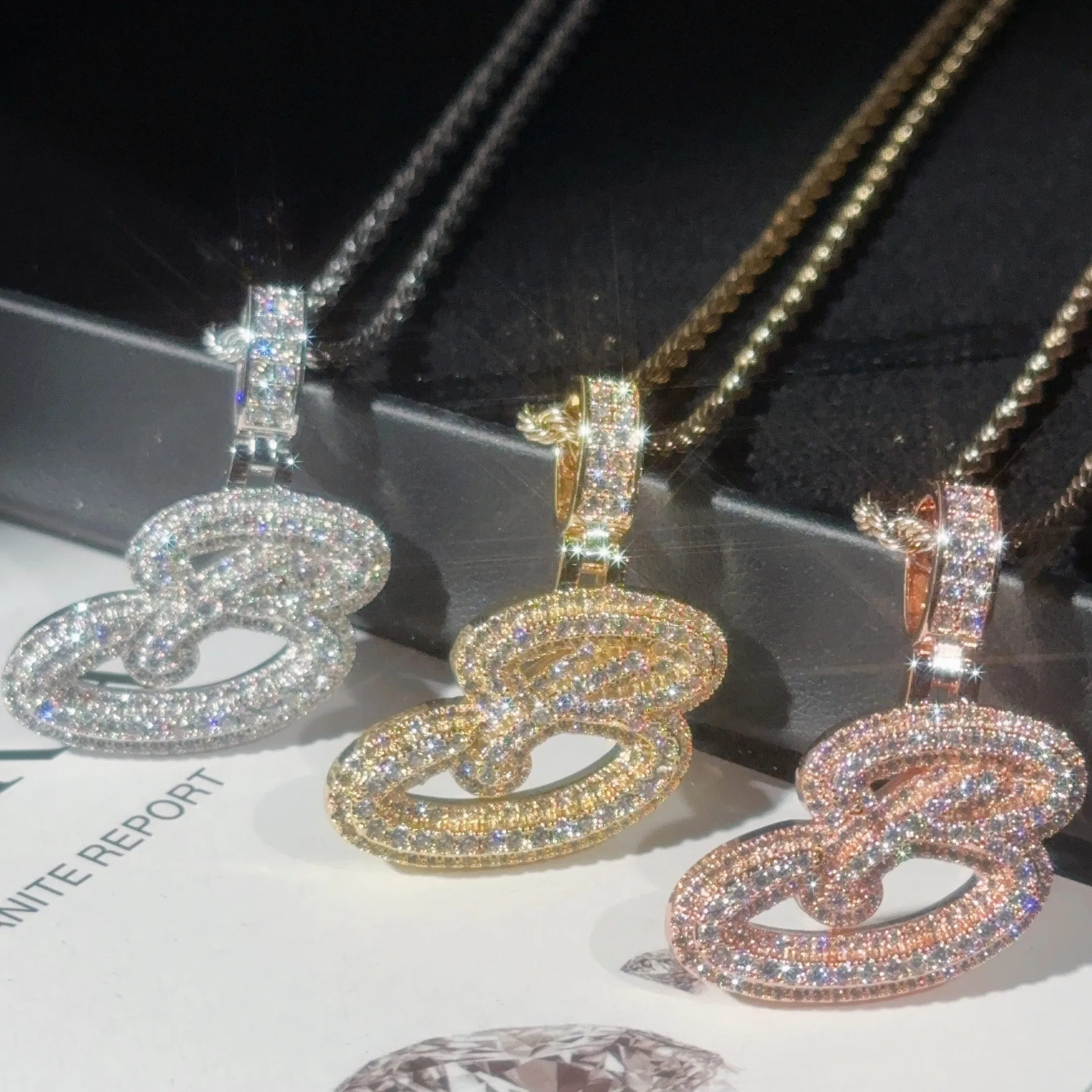 Ready to Ship Initial Letter Moissanite Pendant Hip Hop Style Iced Out Pendant 925 Sterling Silver Pendant With 316L Rope Chain