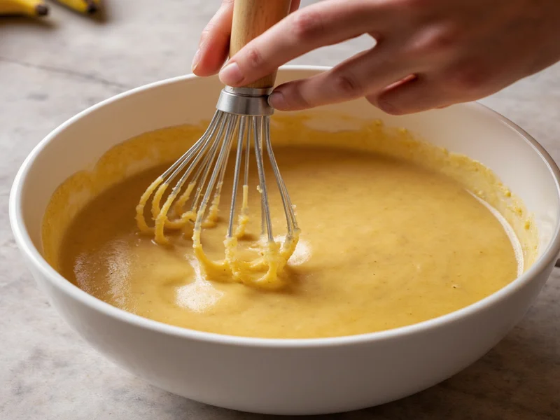 Hand mixing banana bread batter in ceramic bowl