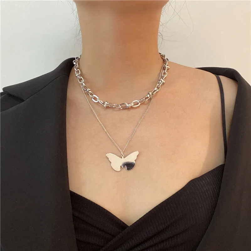 

Hongtong 18k Gold Plated Cuban Link Multi Layer Butterfly Necklace Women 2 Pieces Layered Butterfly Necklaces, Picture