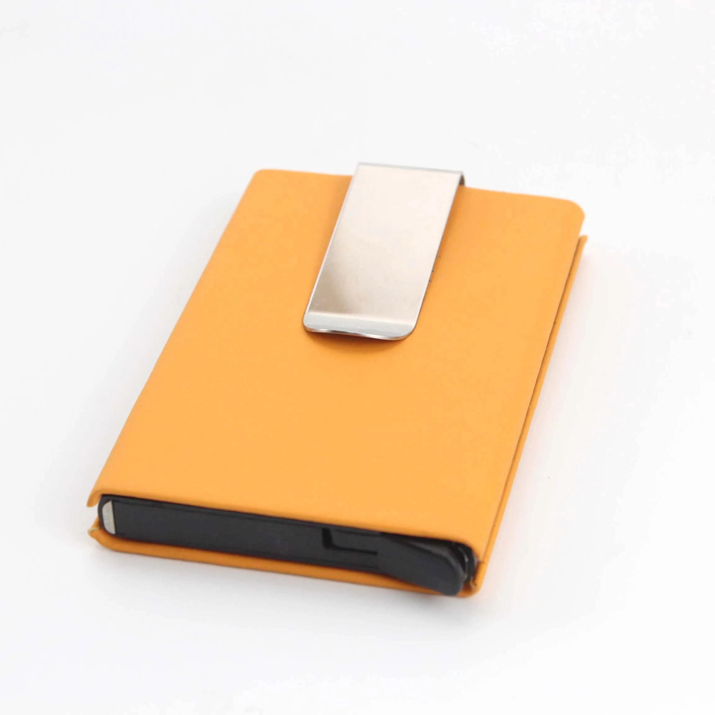

Factory Direct Selling PU Leather Aluminium High Capacity Automatic Ejection RFID Stocking Credit Card Holder, Blue/orange