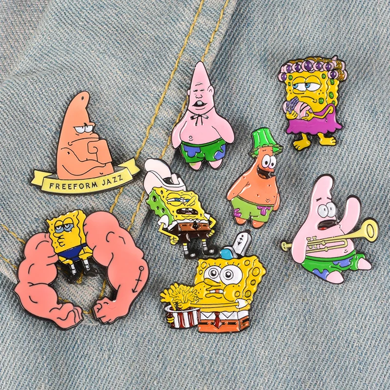 

fashion Cartoon Figure character Muscle Mischief Curly Hair Smile Patrick Star Pineapple House brooches Pins Badge For Friends, As picture