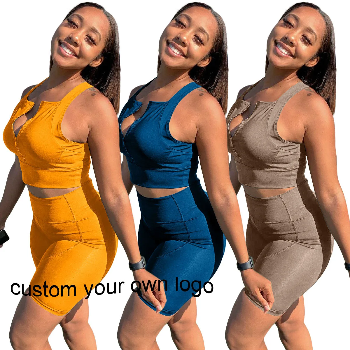 

YD - YM5012 LOGO custom Breathable shirt and shorts set 2021 summer newest fashion stripe design solid 2 piece sports set women
