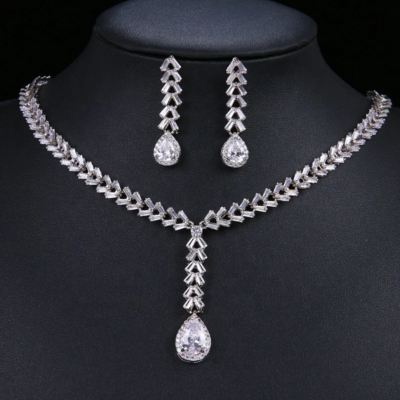 

Zircon jewelry set fashion necklace earrings ultra flash luxury necklaces jewellery set jewelry, Silver