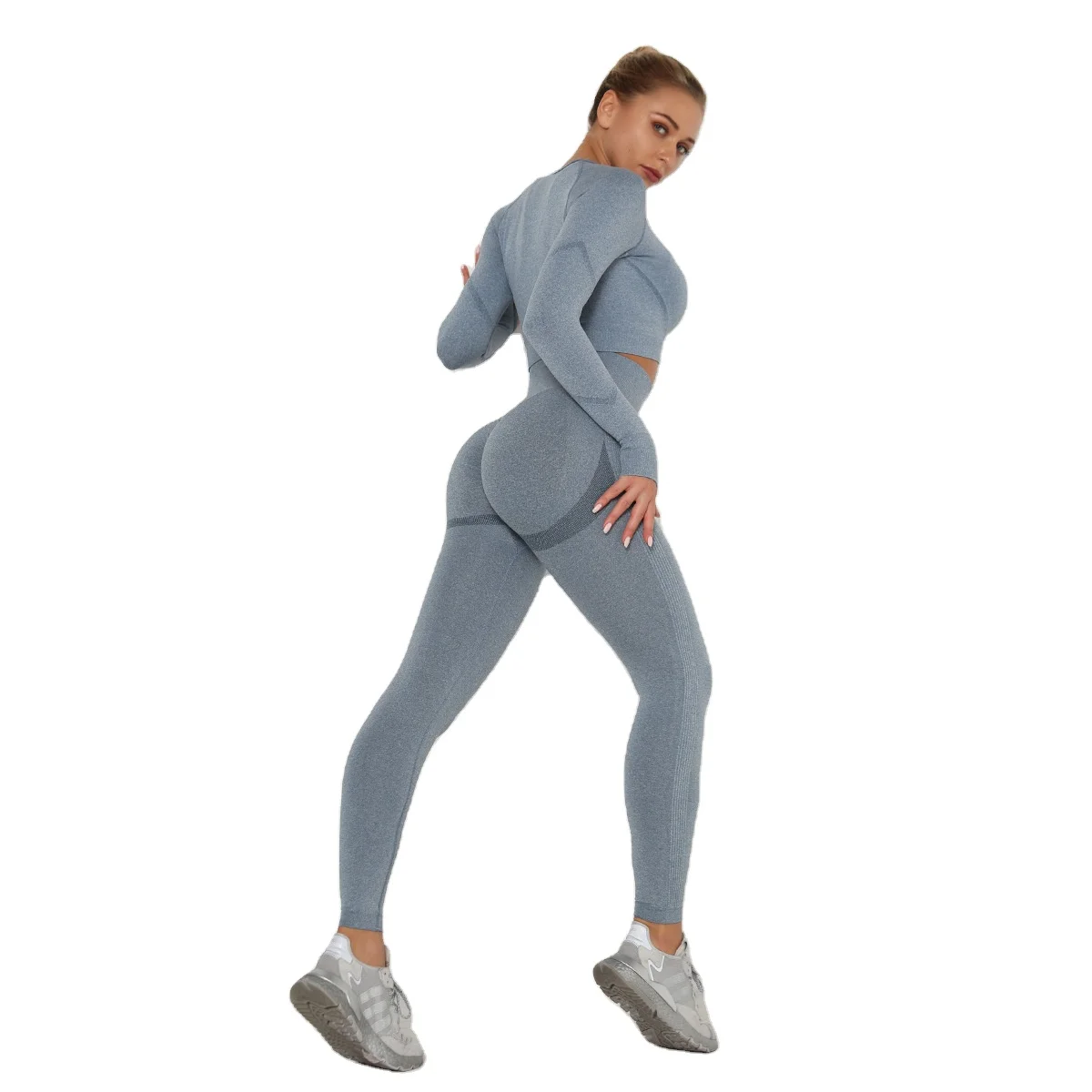 

Women's High Waist Fitness Seamless Yoga Suit Sweat-absorbing Hip-lifting Tight Long Sleeve Sports Suit, Pure color