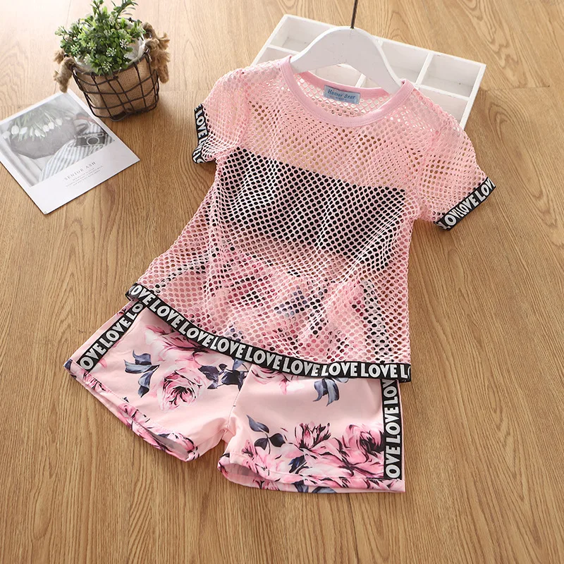 

CSH031 childrens summer Short skirt suits girls' fishnet T-shirt solid color bow tie shorts two piece children clothes set