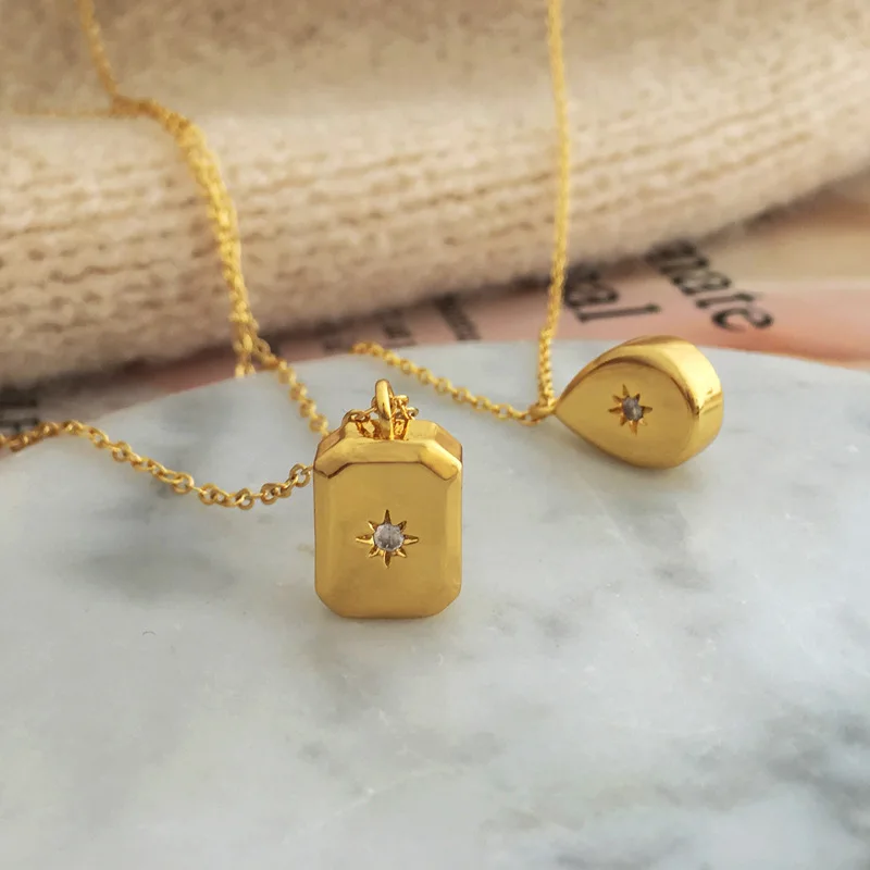 

2022 Women Wholesale Custom North Star Square Water Drop CZ Pendant Necklace 18K Gold PVD Plated 316L Stainless Steel
