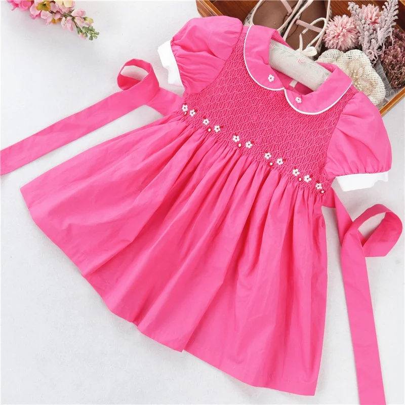 

C042196 summer kids smocked clothing pink hand made little baby girls dresses cotton children clothes wholesale