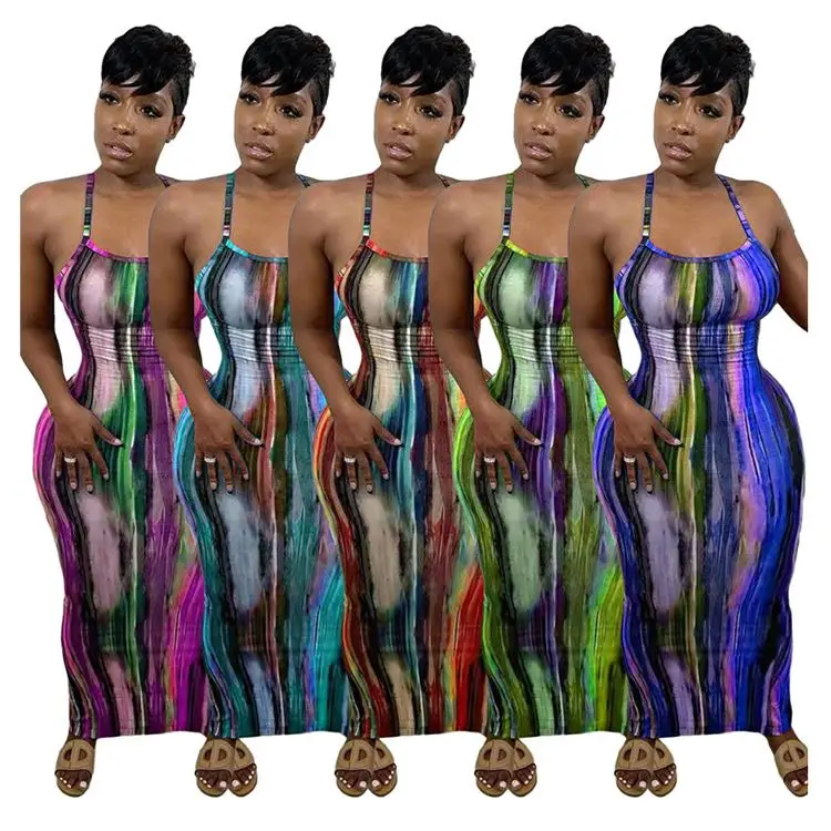 

OSINA Newest Design Color Stripe Suspender Women Summer Elegant Printed Straight Long Maxi Casual Dresses