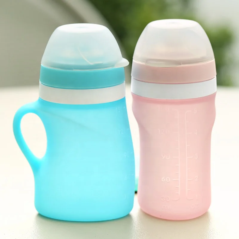 

Hot Products Eco-Friendly Portable Collapsible Silicone Baby Feeding Bottle, Light blue, quartz pink