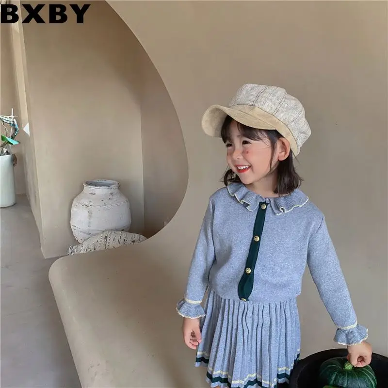 

Newest Design Autumn Kids Clothes Sets Girls Sweater Set Skirt Academy Style Pleated Skirt Two Piece Knit, Grey