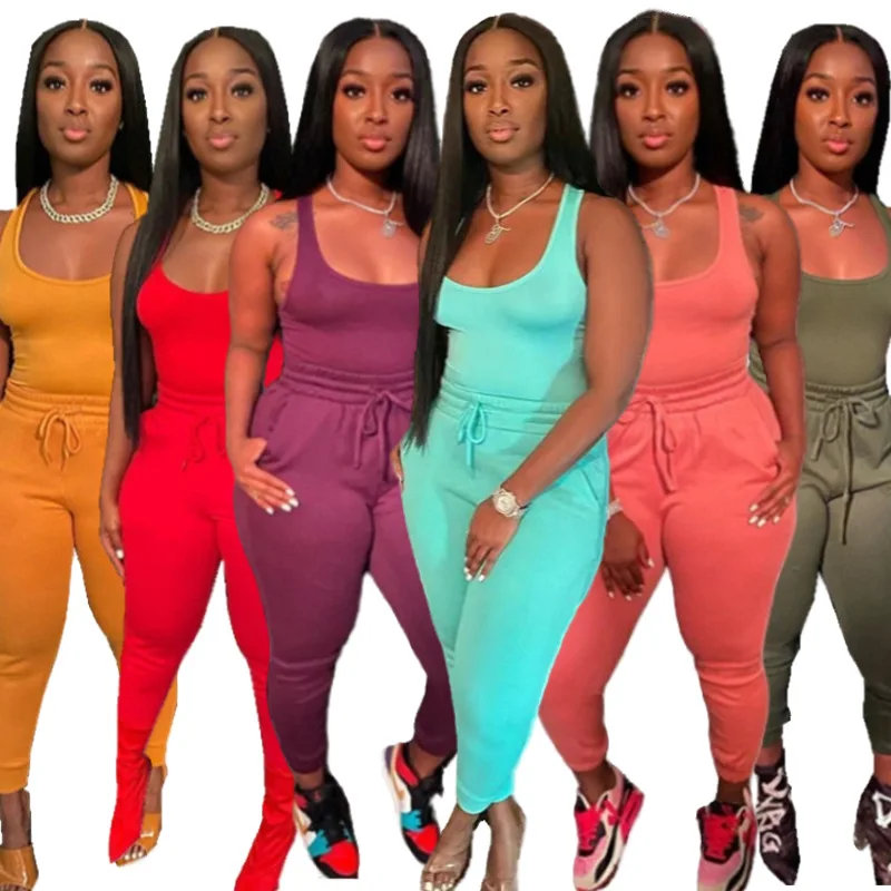 

new arrivals 2022 oem Summer Fashion Solid Fitness Biker Casual Jogger Track Tracksuit Women pants Outfit Tank Top Two Piece Set, Picture