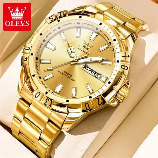 OLEVS 5560 Gold Luminous Flame Design Men's Watches Stainless Steel Strap Luxury Quartz Watch for Men Calendar Week Wrist Watch