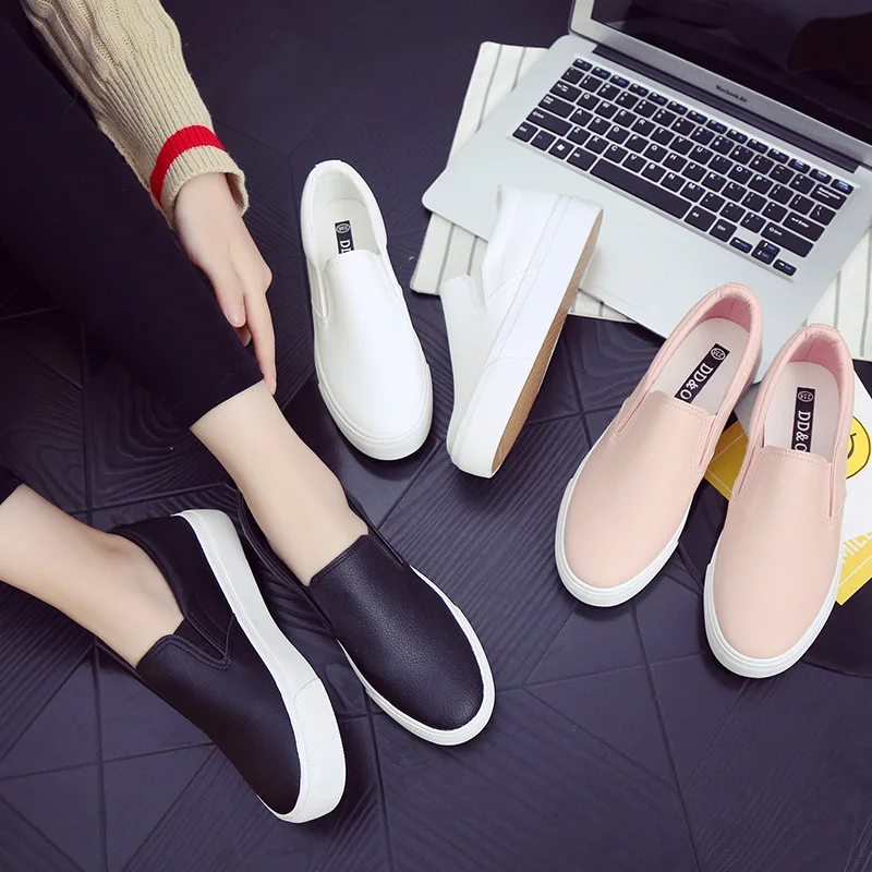

S070 High quality Korean Japanese microfiber flat sole white pink fashion slip on casual lady girl women sneakers loafer shoes, Optional