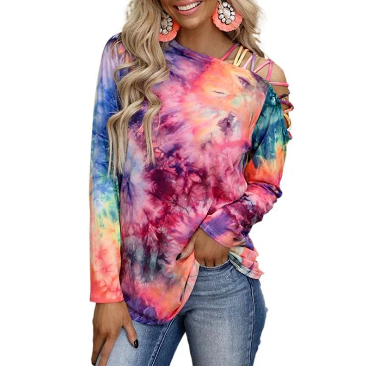 

Europe and America Style Designer Multi-color Tie Dye Crisscross Slash Neck Women Long Sleeve Blouse