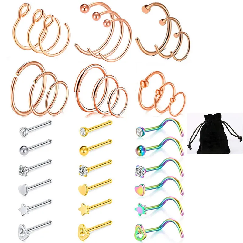 

20G Stainless Steel Hoop Surgical Nose Studs For Women Men Girls Screw L-Shaped Nostril Hoops Piercing Jewelry Nose Rings Set