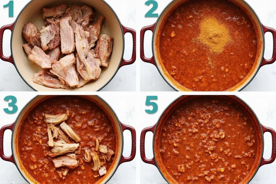 Step-by-step pulled pork chili cooking process showing seared pork, spice mixture, and final shredded chili in Dutch oven
