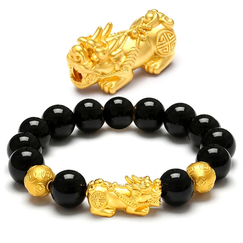 

Amazon Hot Fashion Gold Plated Pi Yao Feng Shui 12mm Black Obsidian Beads Women Men Charm Fengshui Pixiu Bracelet Jewelry, Shiny gold pixiu, black beads