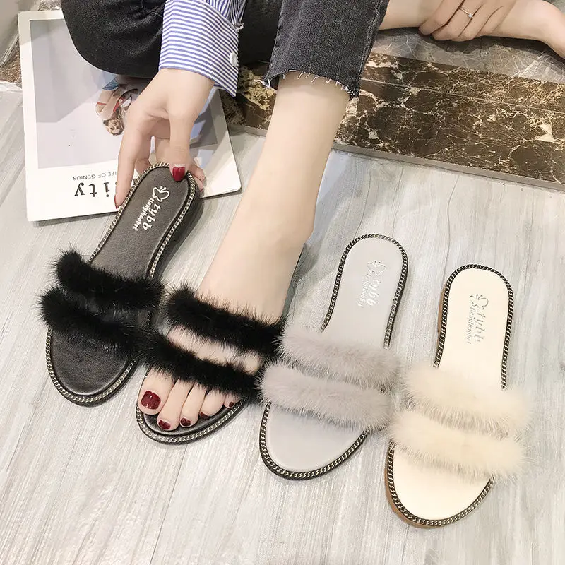 

2020 Women Furry Slippers Ladies Shoes Cute Plush Fox Hair Fluffy Sandals Women's Fur Slippers outdoor Slippers, Black, gray, beige