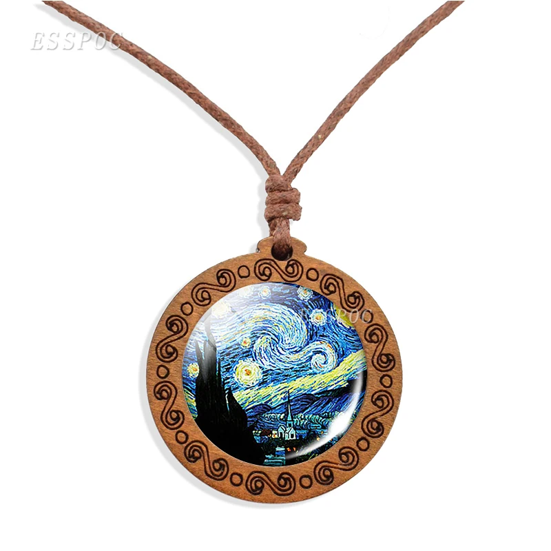 

Vintage Wood Jewelry Van Gogh Famous Oil Painting Starry Night Sunflowers Glass Cabochon Pendant Necklace