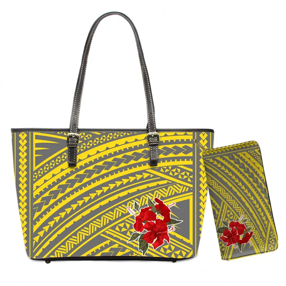 

2021 New Fashion Large Capacity Ladies Shoulder Yellow High Quality PU Leather Tote Polynesian Print Handbags And Purse MOQ1