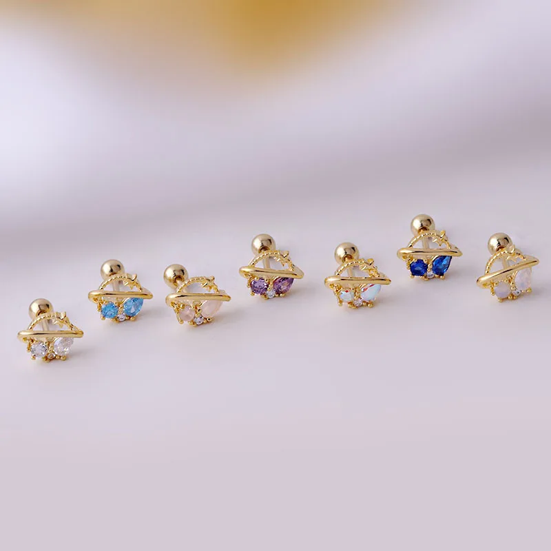 

YW 2022 Simple Cute Mini Zircon Ear Cartilage Piercing Stud Cuff Earring Classic Gold Color Steel Screw Bar Ball Ear Jewelry