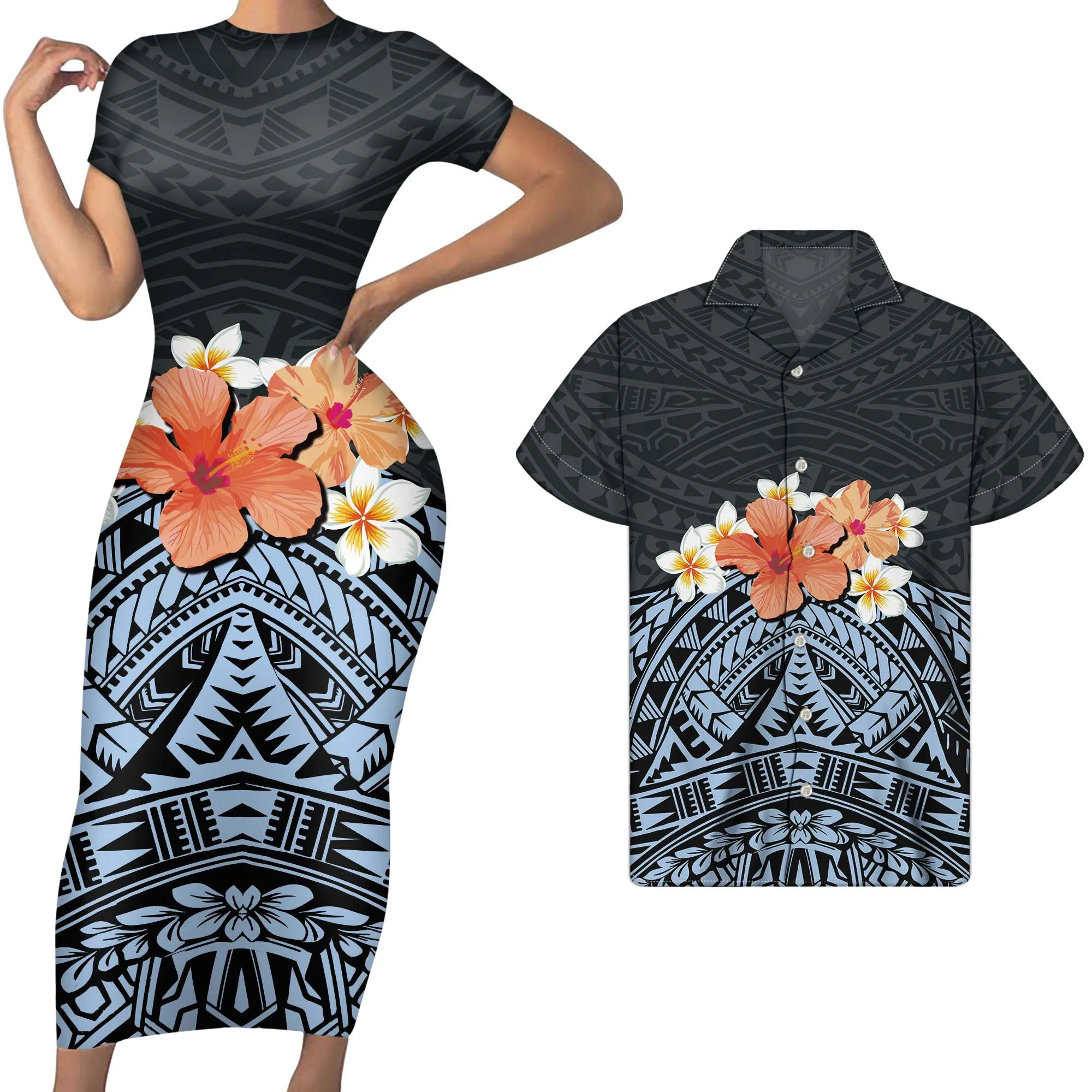 

Couple Clothes Design Match Clothing 2pcs set Polynesian Design Print Men shirt and Ladies short sleeve dress New Arrivals, Customized color
