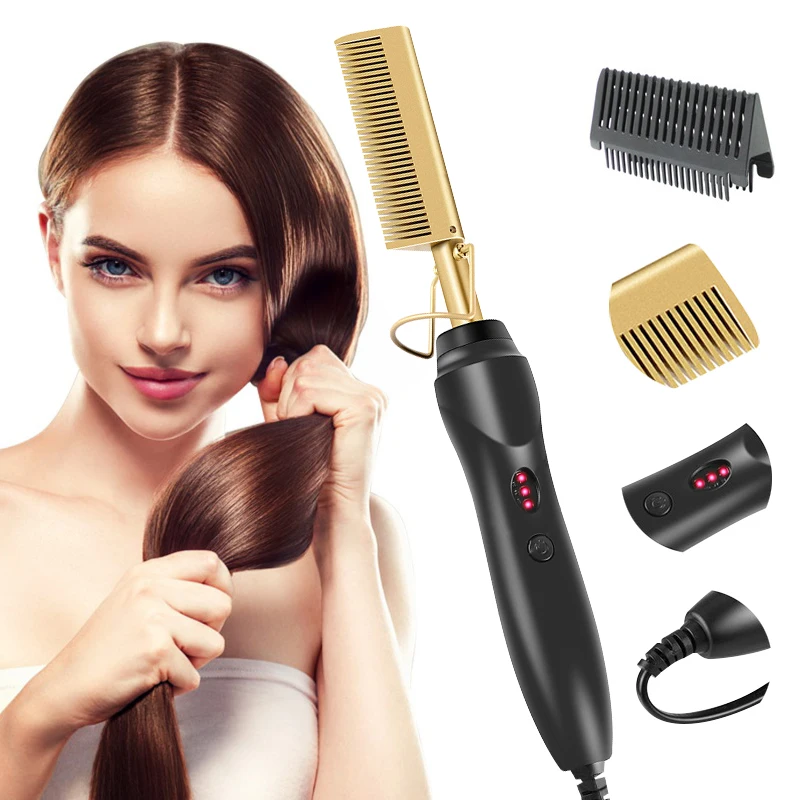 

Popular Wholesale Cordless 360 Degrees Custom Electric High Quality Hair Straightener Curler and Hot Comb Set Custom Logo, Brass and black