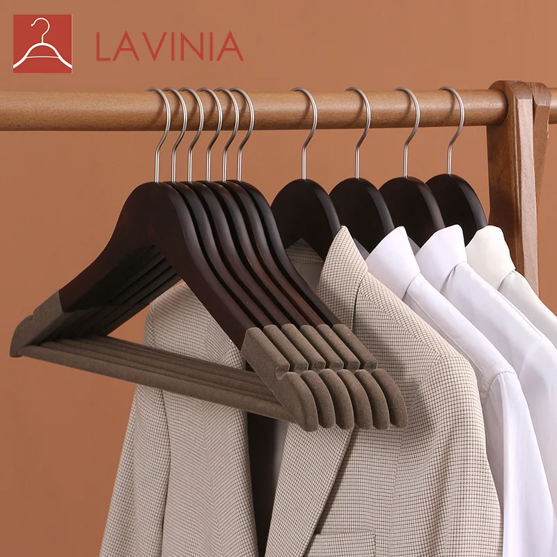 

Solid wood flocking shoulder non-slip seamless household retro wooden hangers for Clothes Wood Shirt Dress, Brown