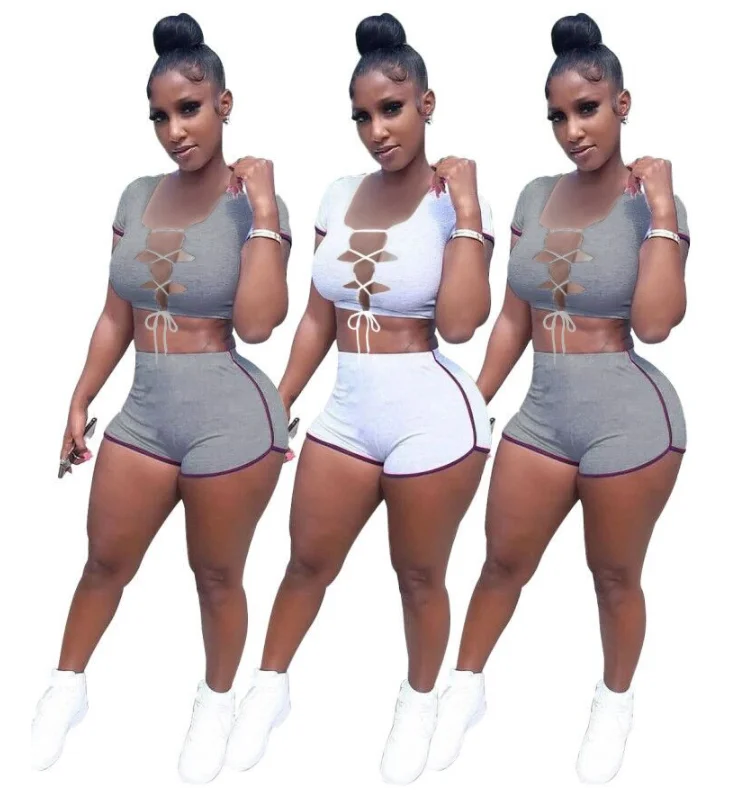 

New Arrivals Solid Custom Logo Summer Casual Girls Outfit Stitching Bandage Sexy Two Piece Pants Set Shorts Women Clothing, Picture