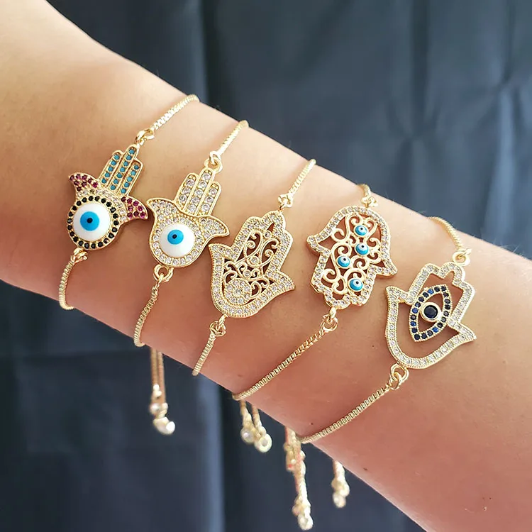 

BC1268 Fashion adjustable Gold plated Brass CZ Micro Pave hamas palm hand chain with eyes wrist ladies bracelet, Gold color