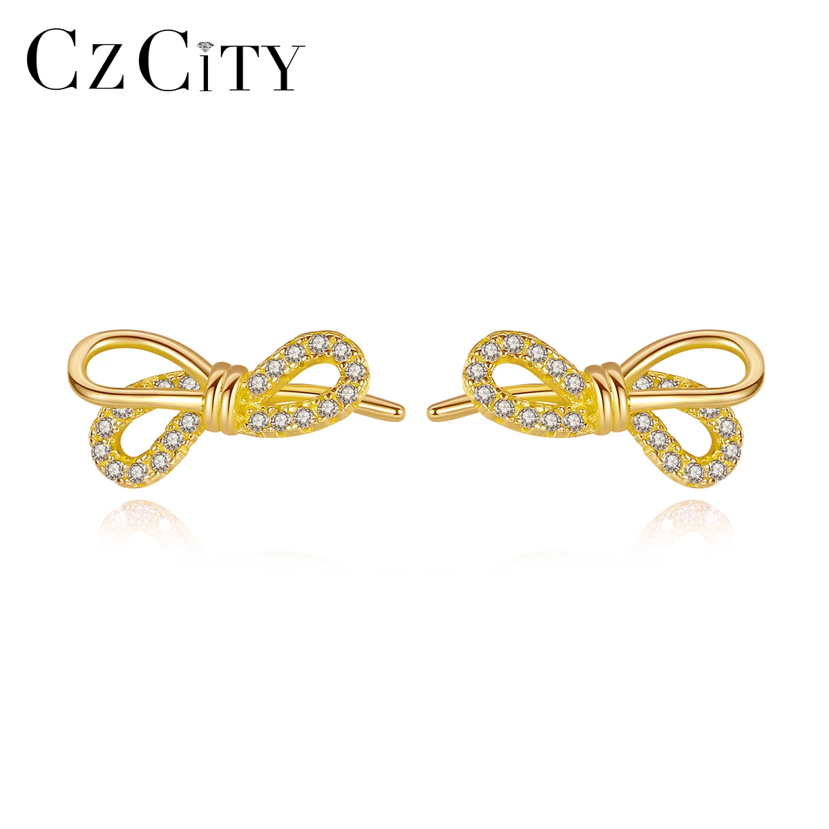 CZCITY Lovely Bowknot 18K Gold Stud Earrings for Girls Daily Wear Engagement 925 Sterling Silver Stud Earrings