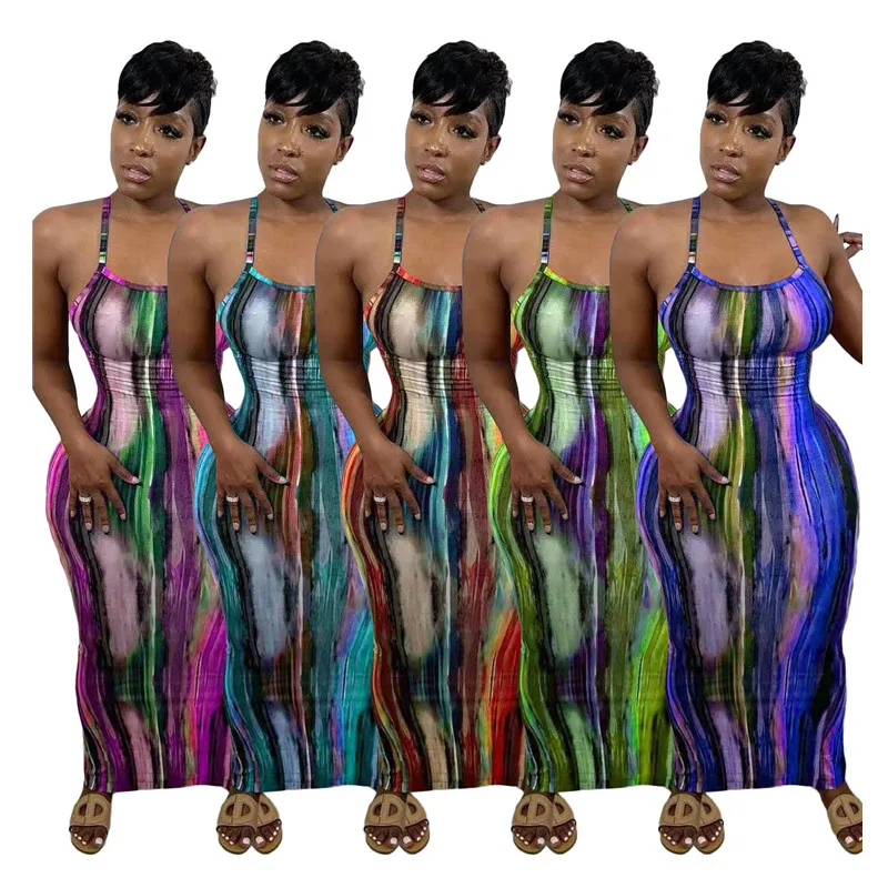 

2021 New Arrival Women Summer Halter Dress Female Sexy Maxi Sleeveless Dress Girls Tie Dye Print Clothes Outfits