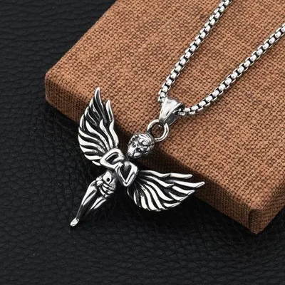 

2020 Europe and America domineering charm stainless steel jewelry necklace silver angel wing boy unique design Retro wish spot