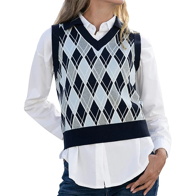 

Women's V Neck Sweater Vest Sleeveless Knitted Argyle Tank Top Sweater, Picture