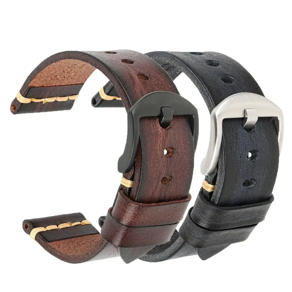 

Luxury Leather Watch Bands 20mm 21mm 22mm 23mm 24mm Handmade Brown & Black Genuine Leather Strap With Stainless Steel Buckle, Black/grey/red/blue/dark brown/green/natural brown