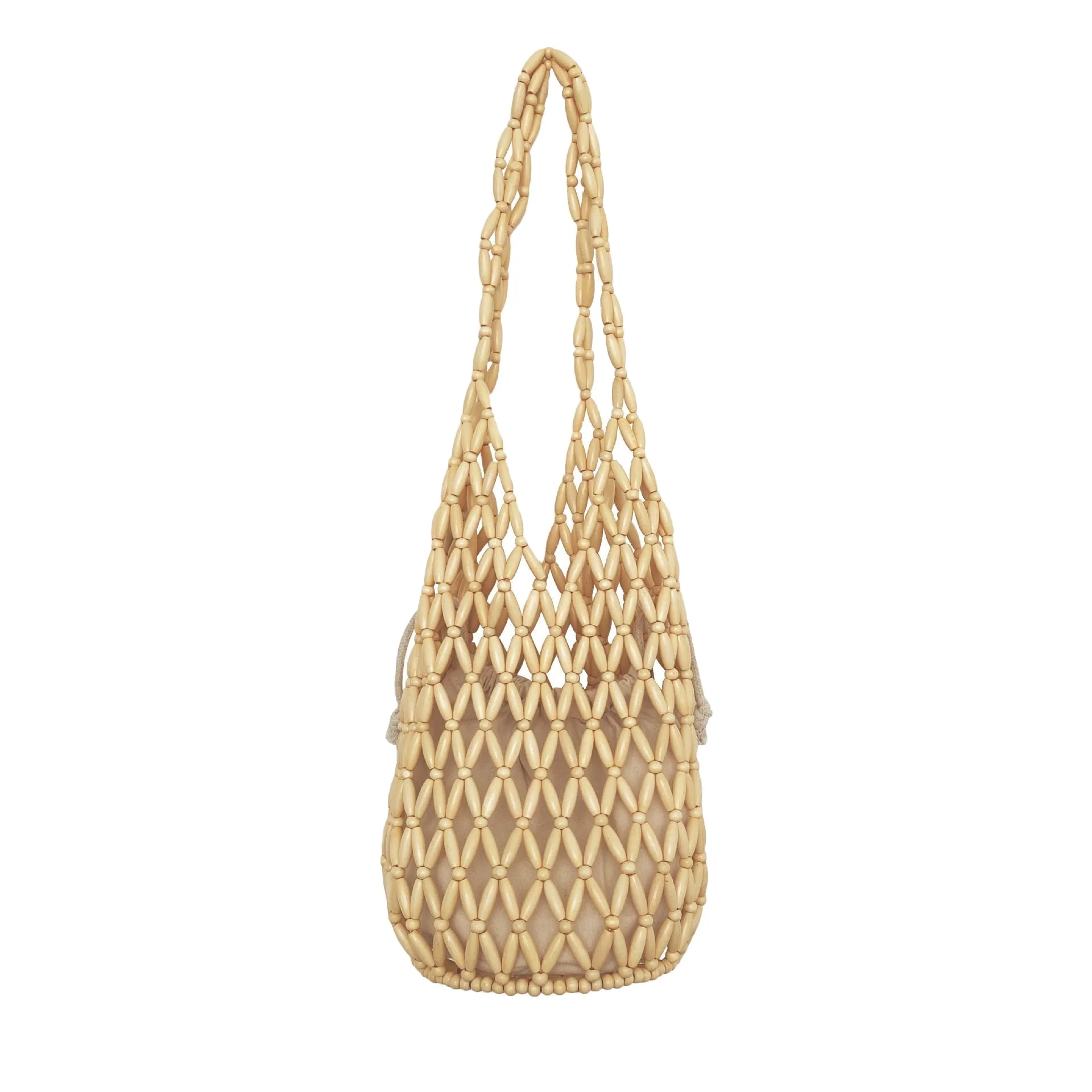 

2020 new style woman handbag fashion handmade beach Wooden bead bucket shoulder Beadsbag, Black.beige.brown