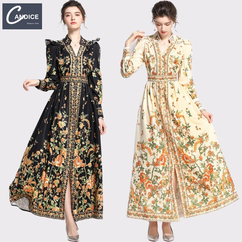 

Candice fall and winter 2021 new design korean style A-line floral long sleeve maxi dress