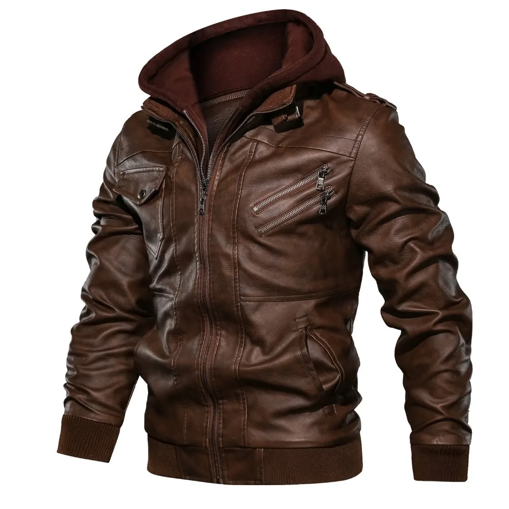 

Wholesale Fashion Men Racer Motorcycle PU Leather Jackets jaqueta de couro masculino Hooded Coat Brown Black, Black, brown