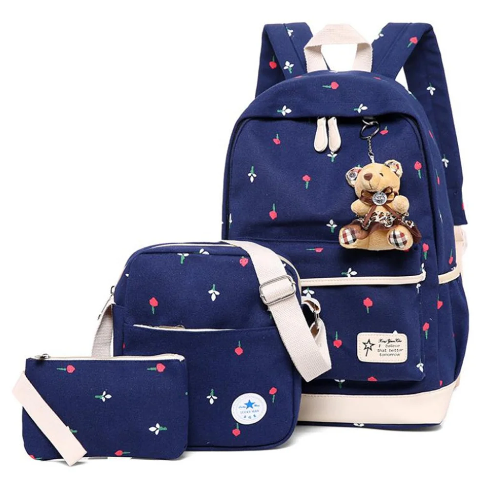 

2020 Hot sale 3 Pieces set Cute cartoon Bear Student shoulders bag back to school bags polyester kids backpack set for girls, Customized