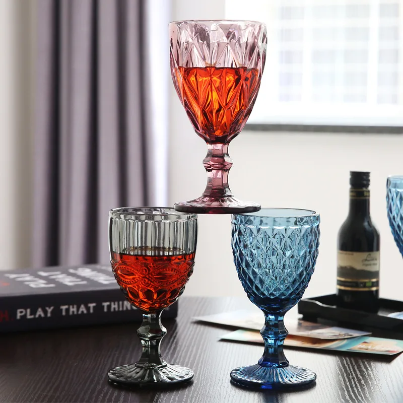 

Wholesale Party Wedding Decoration Wine Glasses Cup Colored Vintage Wine Glass Embossed engraved Glassware Goblet