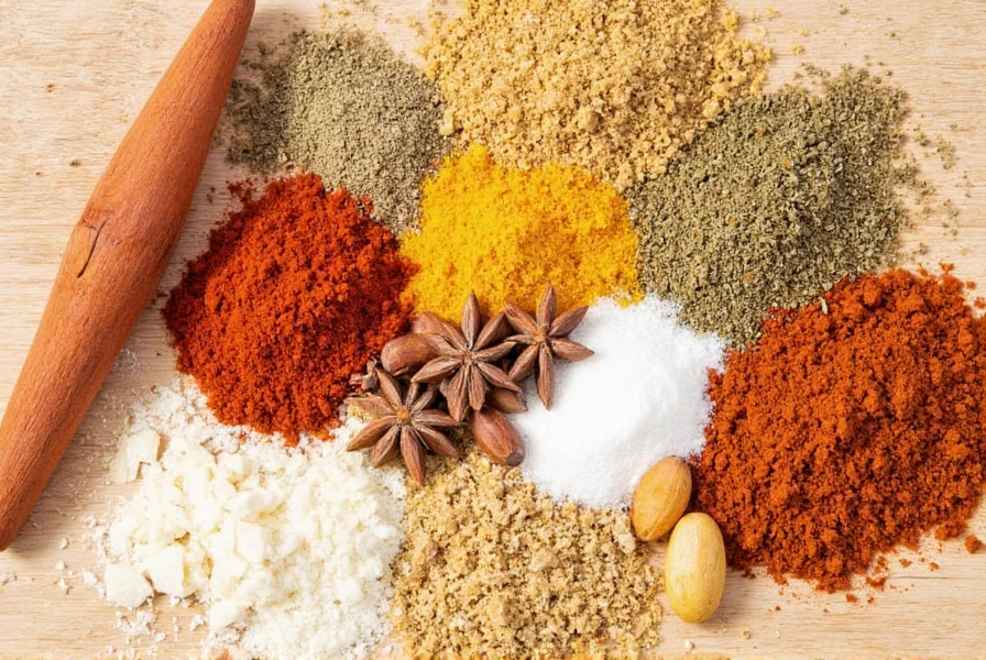 Spices on wooden table in winter setting